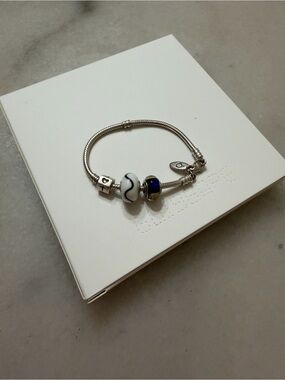 Pandora Silver Bracelet with White and Blue Charms